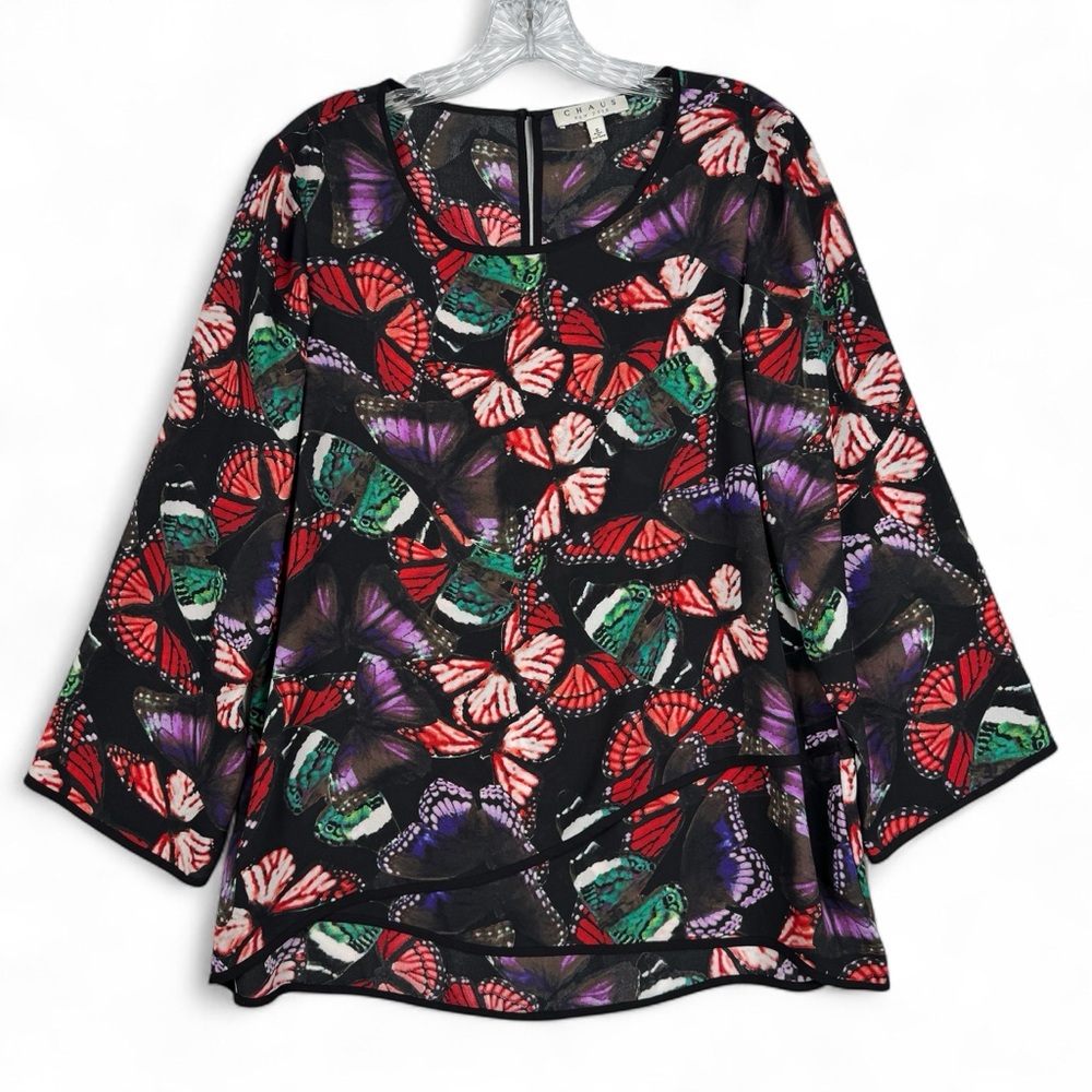 Chaus New York Long Sleeve‎ Blouse Top Black with Butterfly Print Womens Small